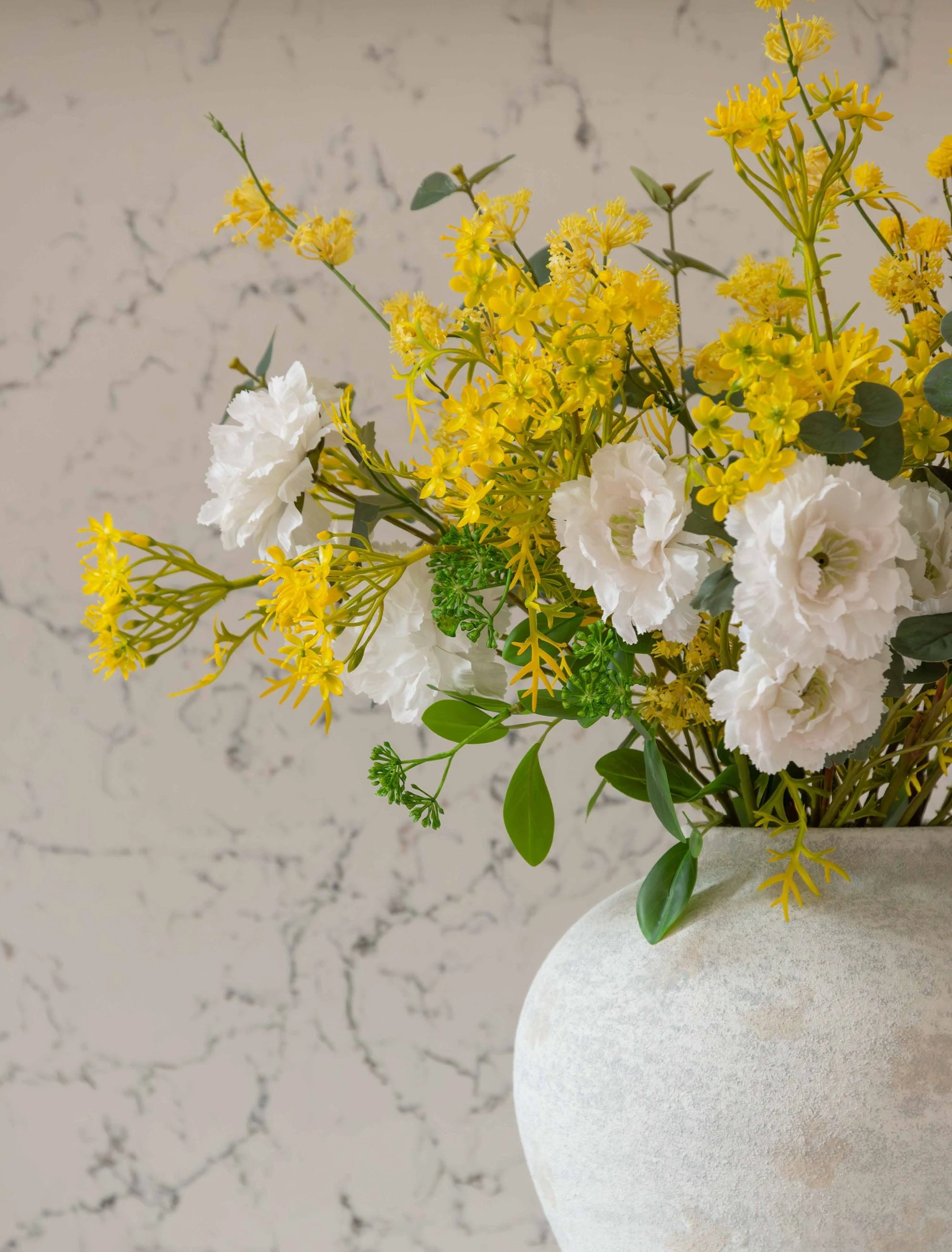 Faux Arrangement - Eucalyptus, Yellow Mimosa & White Dahlia - Image 3