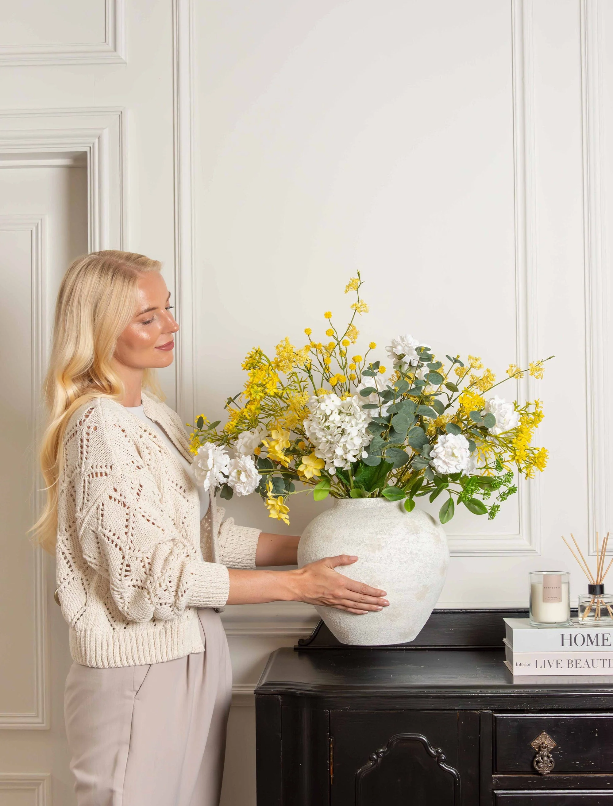 Faux Arrangement - Eucalyptus, Yellow Mimosa & White Dahlia - Image 4