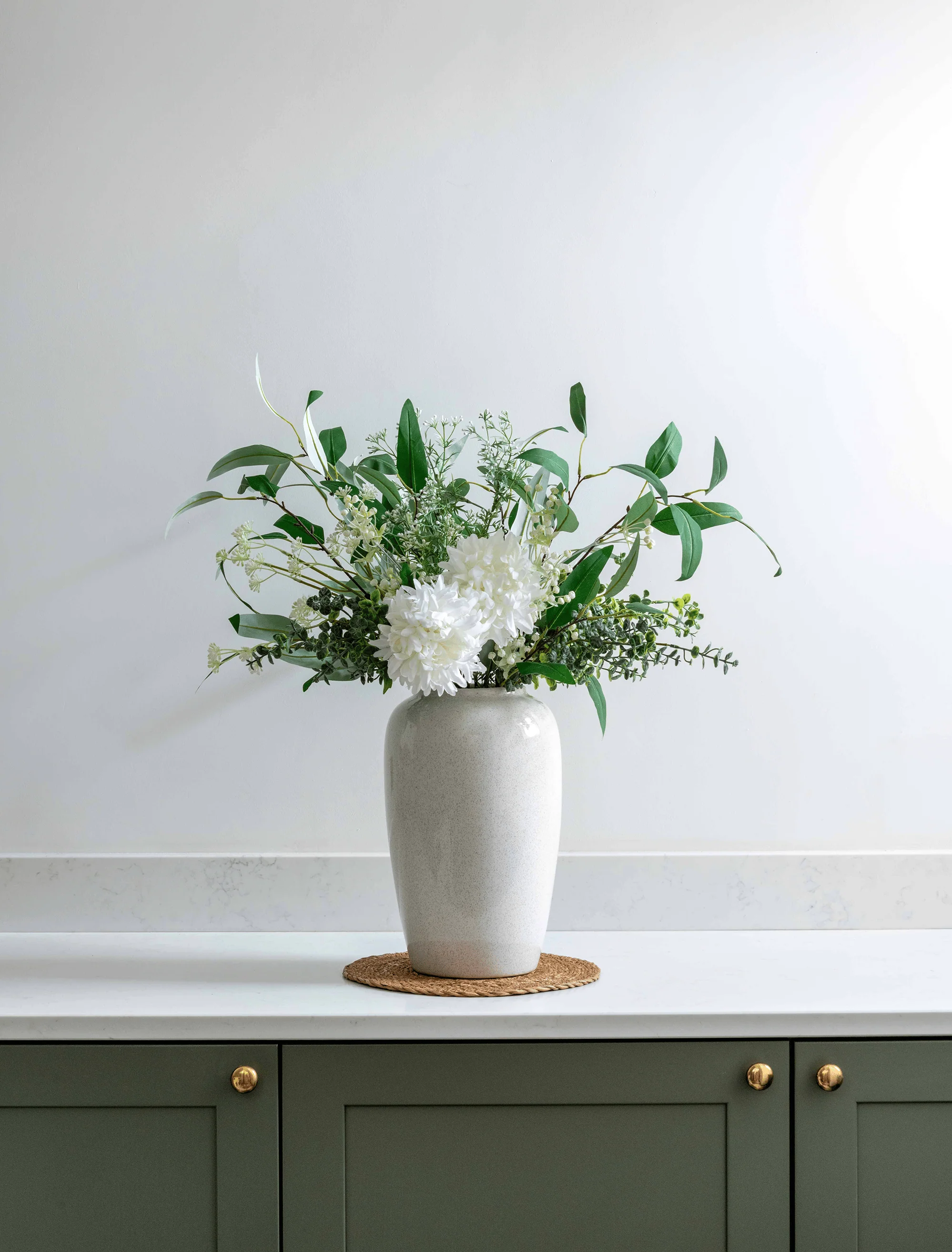 Faux Arrangement - White Dahlia & Green Foliage - Image 2