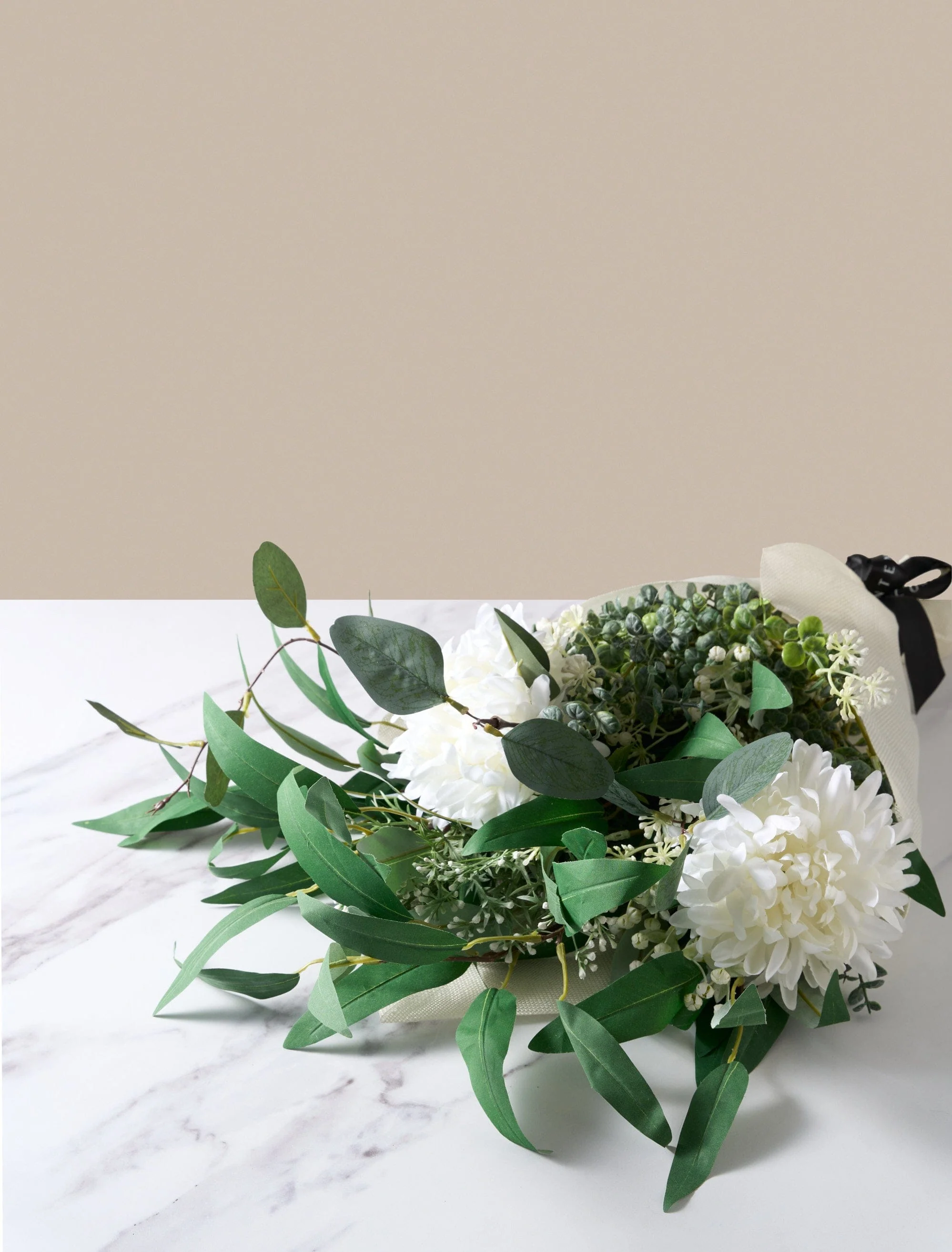 Faux Arrangement - White Dahlia & Green Foliage - Image 6