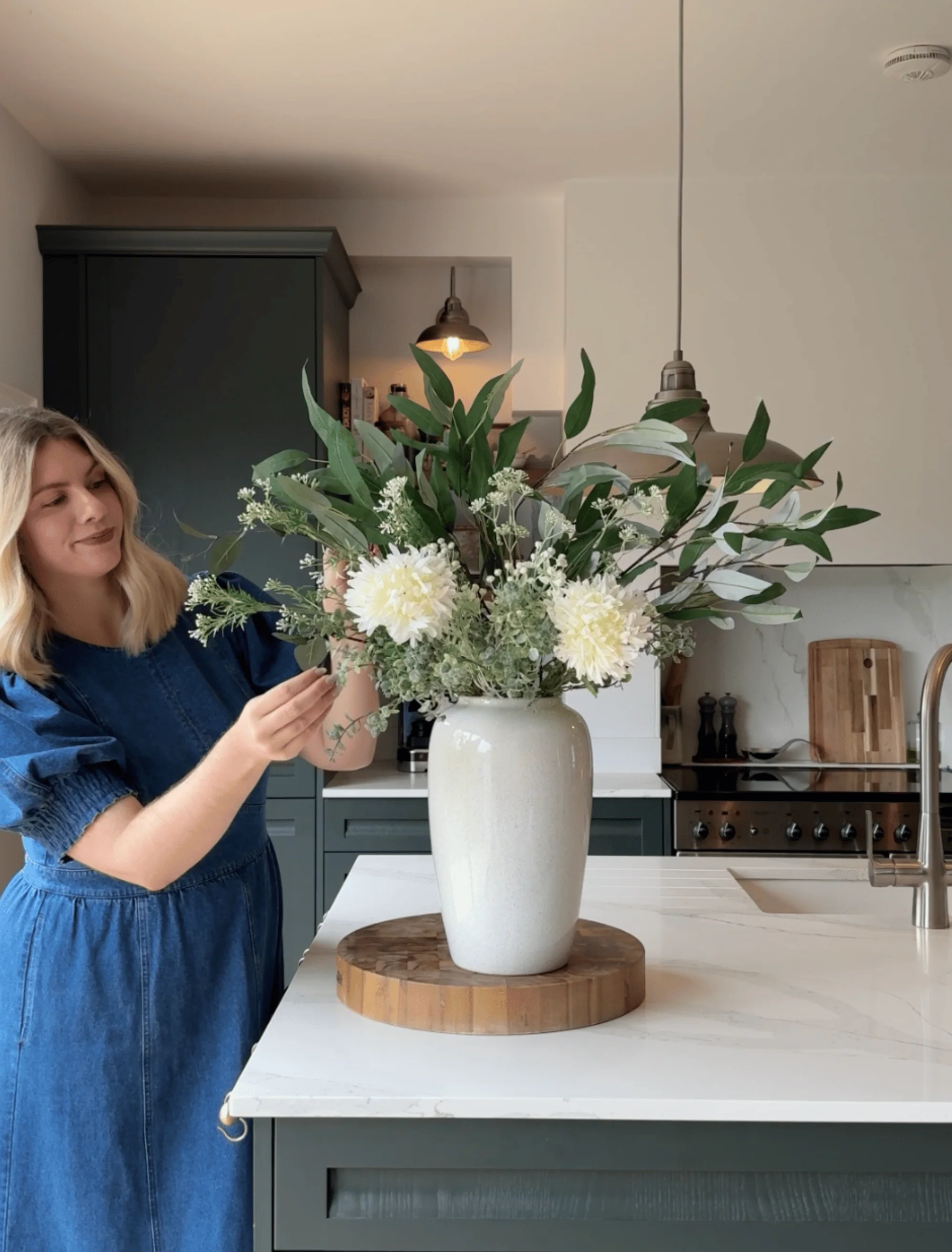 Faux Arrangement - White Dahlia & Green Foliage - Image 7