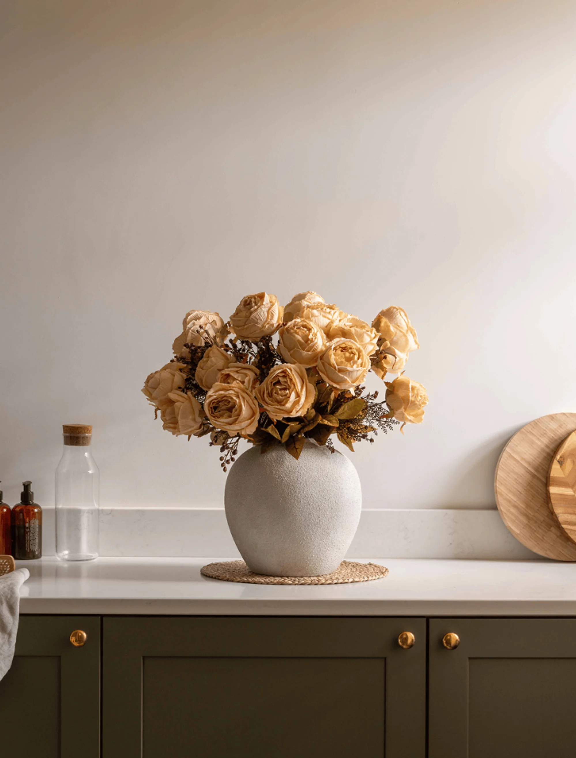 Faux Large Rose Arrangement - Beige (3 Stems/21 Roses) - Image 10
