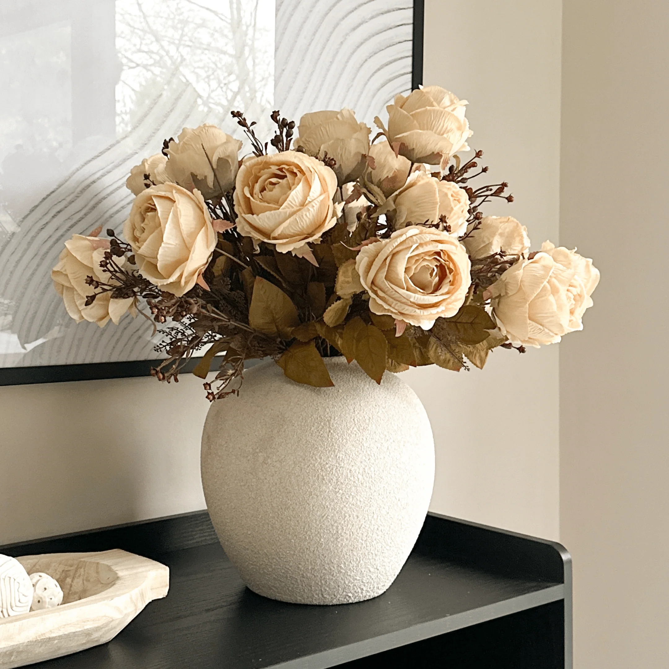 Faux Large Rose Arrangement - Beige (3 Stems/21 Roses) - Image 6