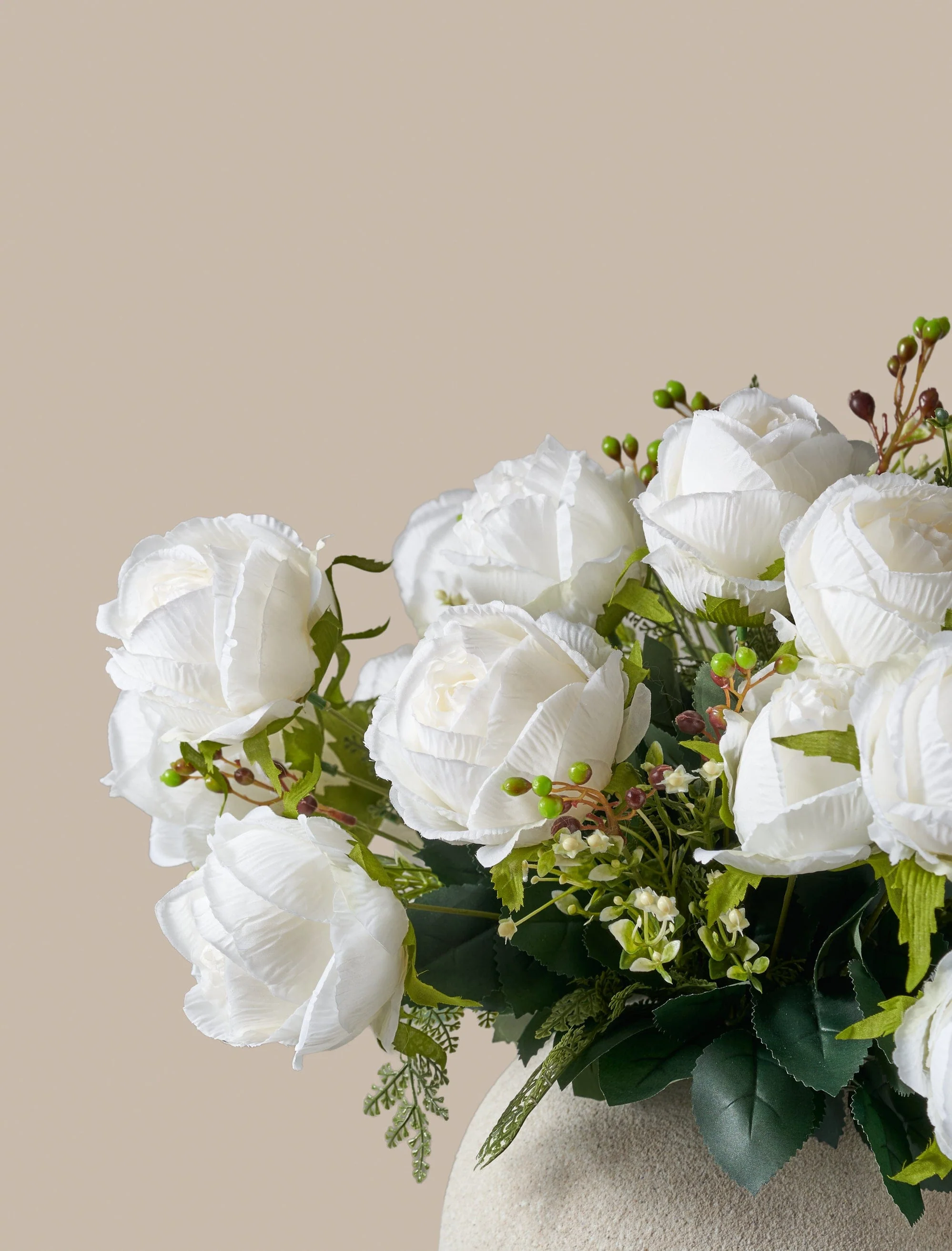 Faux Large Rose Arrangement - White Ivory (3 Stems/21 Roses) - Image 3